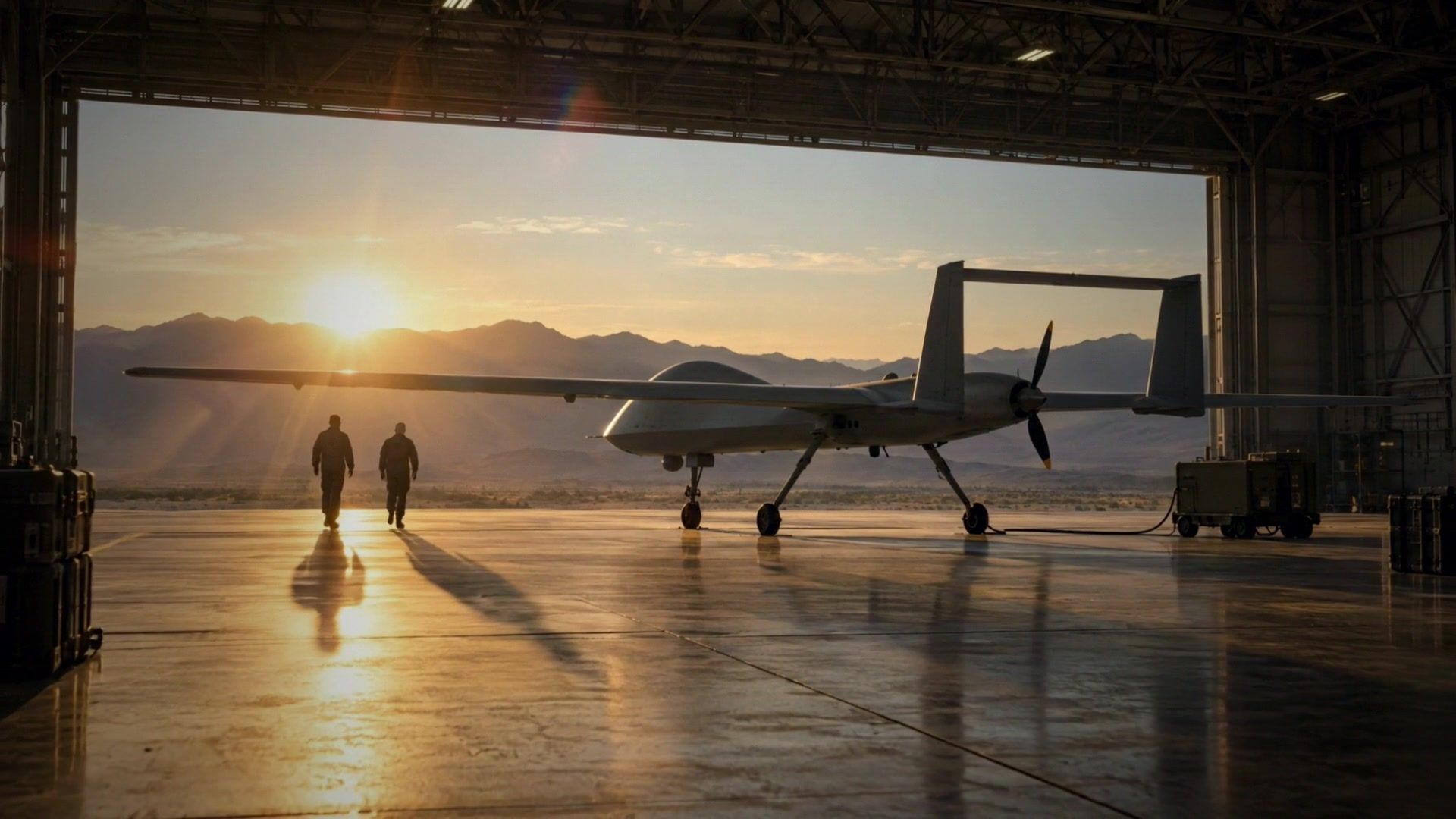 Still from the LIGHTNX Defense film: a generic unmanned aircraft at dawn in an open hangar