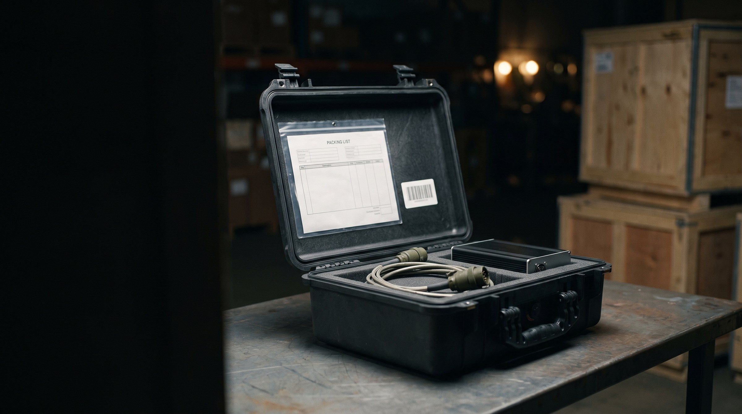 Rugged transit case holding a harness and enclosure, ready for shipment