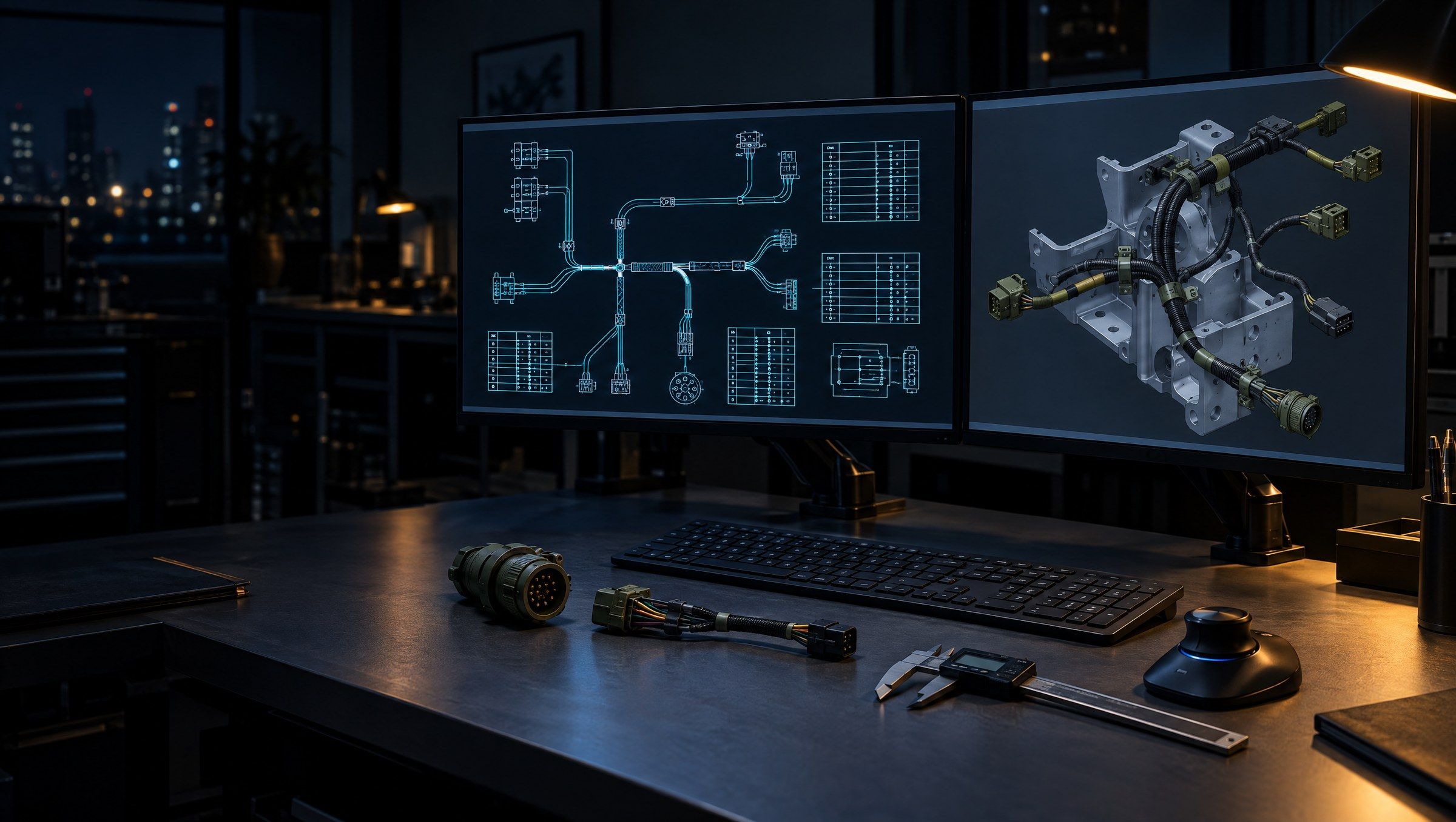 Engineering workstation showing a harness schematic and a 3D harness model